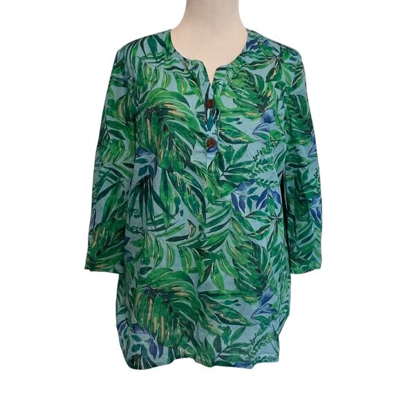 J. Jill Tropical Shirred Toile Top Womens Medium Petite Blue Green Oversized - Picture 2 of 11